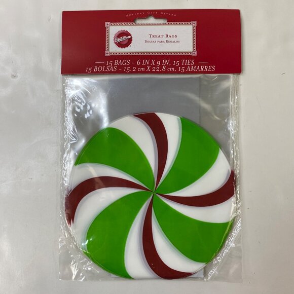 Wilton Treat Bags 6" X 9" Ties Holiday Gift Giving 15 Count Peppermint Design - Picture 1 of 6